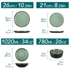 Series Amber 16-Piece Green And Black Stoneware Dinnerware Set Service For 4 Bowls And Plates Dining Set Tableware -Vancasso Shop green and black vancasso dinnerware sets vc amber g 16 c3 1000