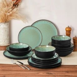 Series Amber 16-Piece Green And Black Stoneware Dinnerware Set Service For 4 Bowls And Plates Dining Set Tableware -Vancasso Shop green and black vancasso dinnerware sets vc amber g 16 fa 1000 1