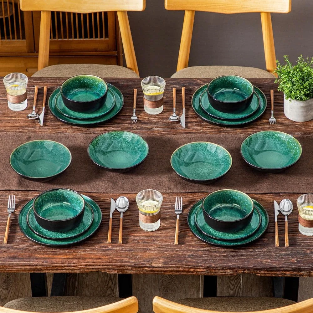 16-Piece Green And Black Stoneware Dinnerware Set Service For 4 Tableware Bowls And Plates Dining Set Dishware Set 7 16-Piece Green And Black Stoneware Dinnerware Set Service For 4 Tableware Bowls And Plates Dining Set Dishware Set - Image 5