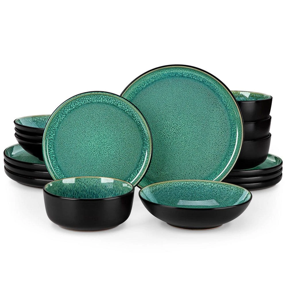 16-Piece Green And Black Stoneware Dinnerware Set Service For 4 Tableware Bowls And Plates Dining Set Dishware Set 3 16-Piece Green And Black Stoneware Dinnerware Set Service For 4 Tableware Bowls And Plates Dining Set Dishware Set