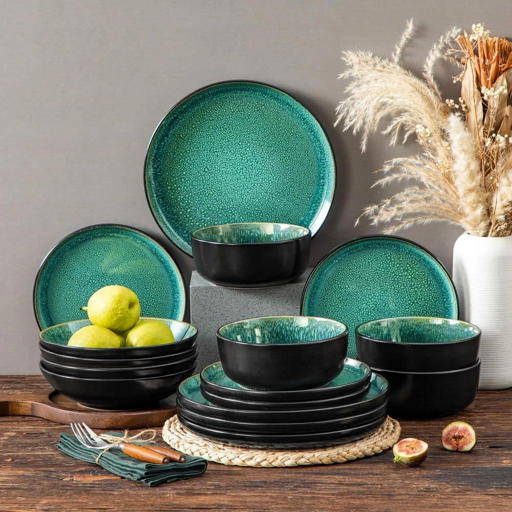 16-Piece Green And Black Stoneware Dinnerware Set Service For 4 Tableware Bowls And Plates Dining Set Dishware Set 9 16-Piece Green And Black Stoneware Dinnerware Set Service For 4 Tableware Bowls And Plates Dining Set Dishware Set - Image 7