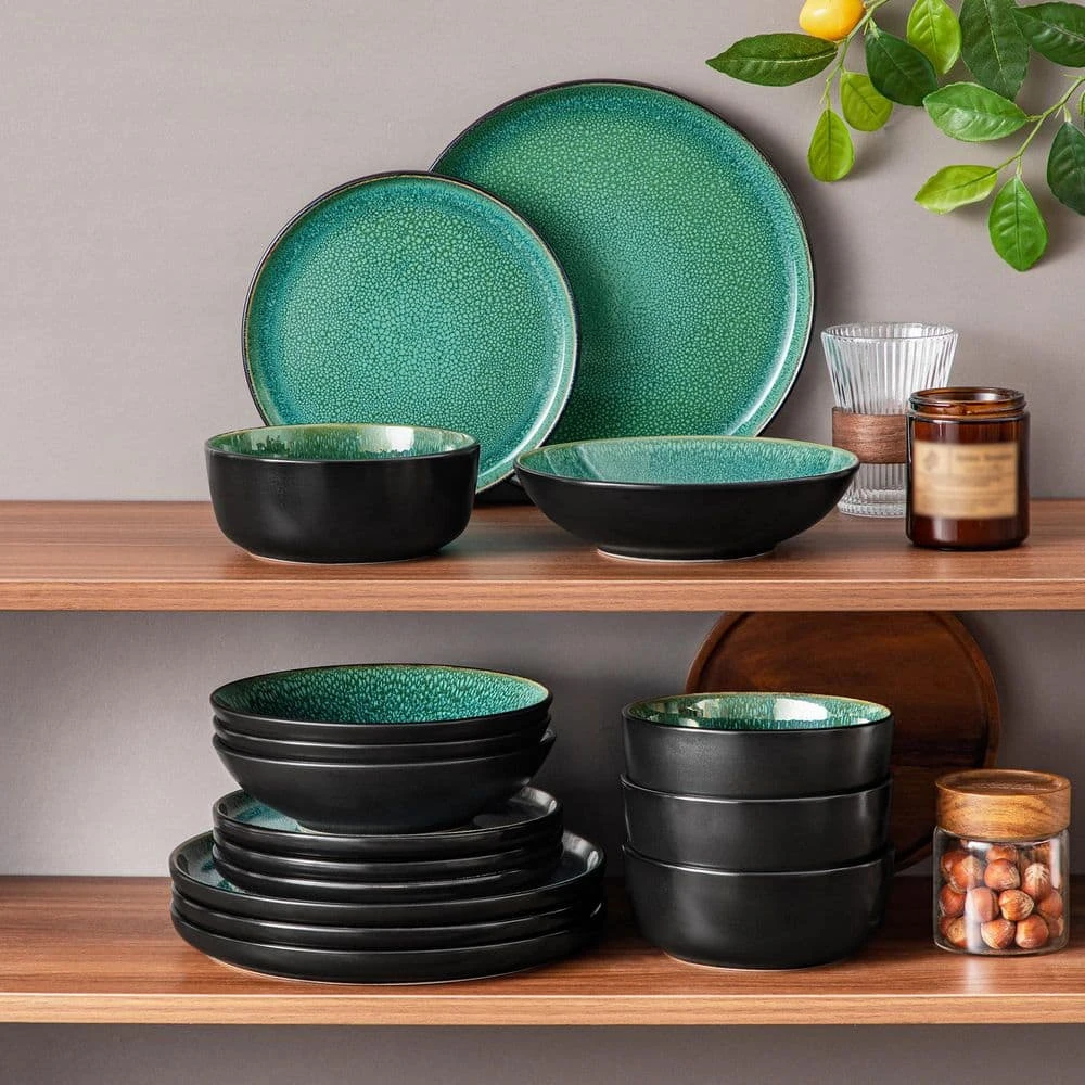 16-Piece Green And Black Stoneware Dinnerware Set Service For 4 Tableware Bowls And Plates Dining Set Dishware Set 8 16-Piece Green And Black Stoneware Dinnerware Set Service For 4 Tableware Bowls And Plates Dining Set Dishware Set - Image 6