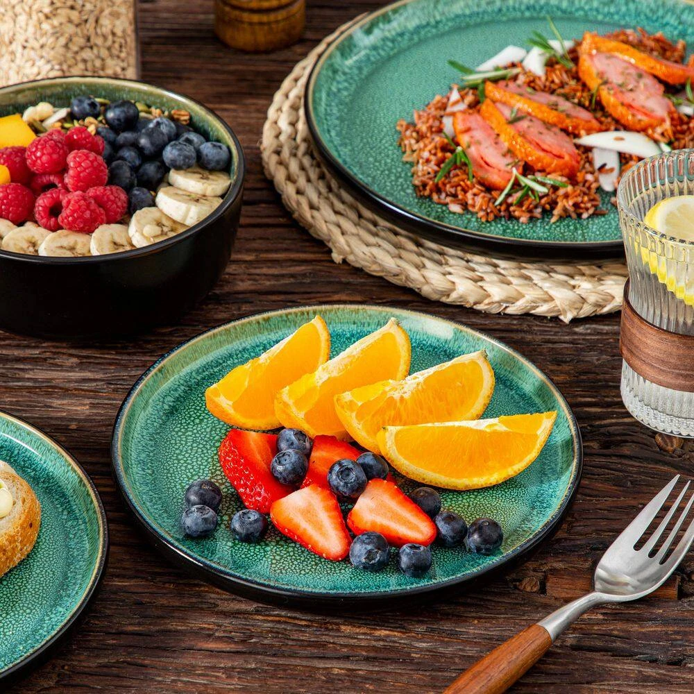 18-Piece Green And Black Stoneware Dinnerware Set Service For 6 Tableware Dinner Plates Dessert Plates Cereal Bowls 7 18-Piece Green And Black Stoneware Dinnerware Set Service For 6 Tableware Dinner Plates Dessert Plates Cereal Bowls - Image 5