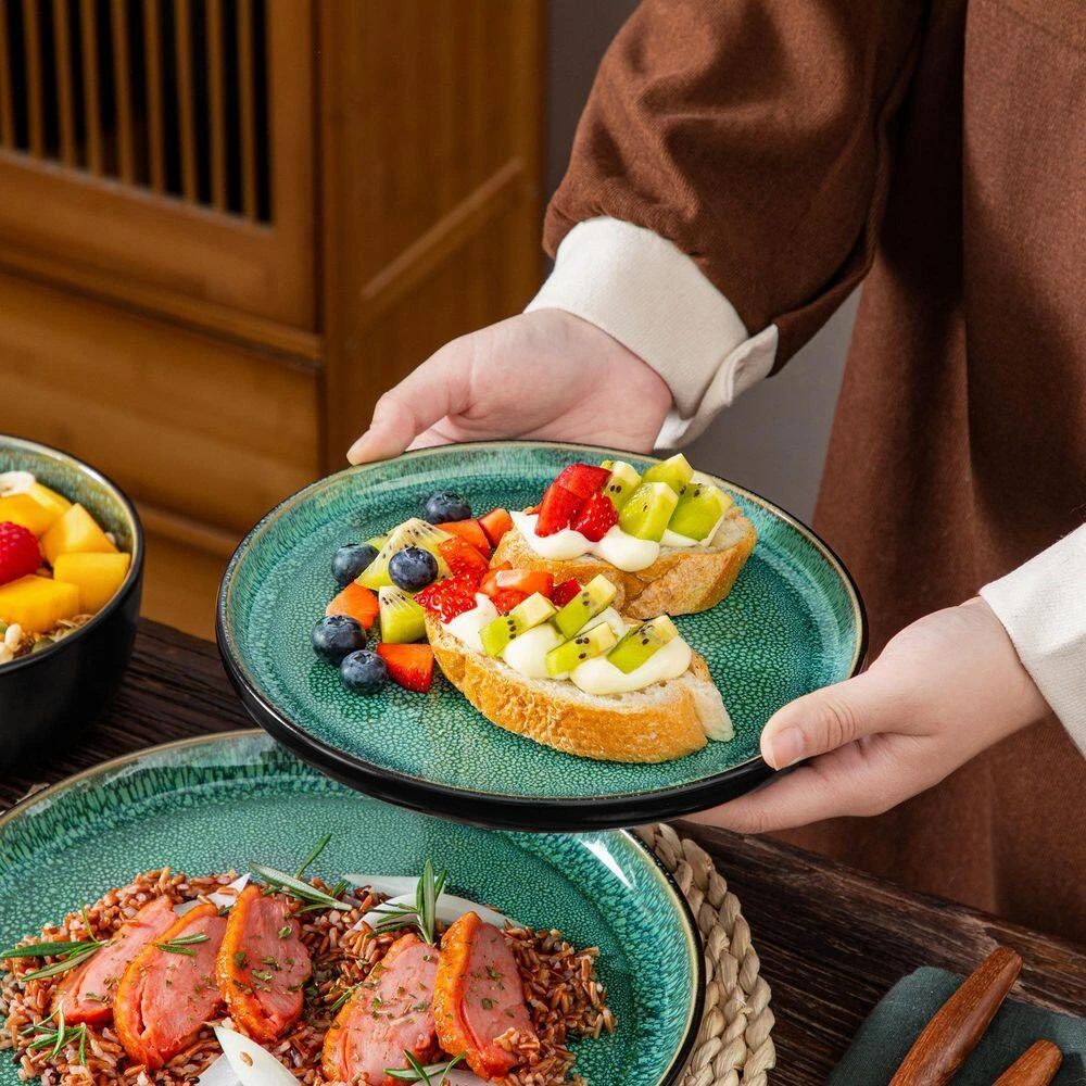 18-Piece Green And Black Stoneware Dinnerware Set Service For 6 Tableware Dinner Plates Dessert Plates Cereal Bowls 17 18-Piece Green And Black Stoneware Dinnerware Set Service For 6 Tableware Dinner Plates Dessert Plates Cereal Bowls - Image 15