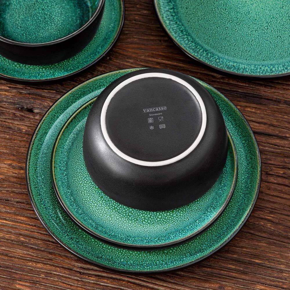18-Piece Green And Black Stoneware Dinnerware Set Service For 6 Tableware Dinner Plates Dessert Plates Cereal Bowls 5 18-Piece Green And Black Stoneware Dinnerware Set Service For 6 Tableware Dinner Plates Dessert Plates Cereal Bowls - Image 3