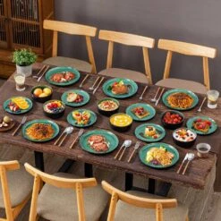 18-Piece Green And Black Stoneware Dinnerware Set Service For 6 Tableware Dinner Plates Dessert Plates Cereal Bowls 27 18-Piece Green And Black Stoneware Dinnerware Set Service For 6 Tableware Dinner Plates Dessert Plates Cereal Bowls -Vancasso Shop green and black vancasso dinnerware sets vc pla g 18 eu 44 1000