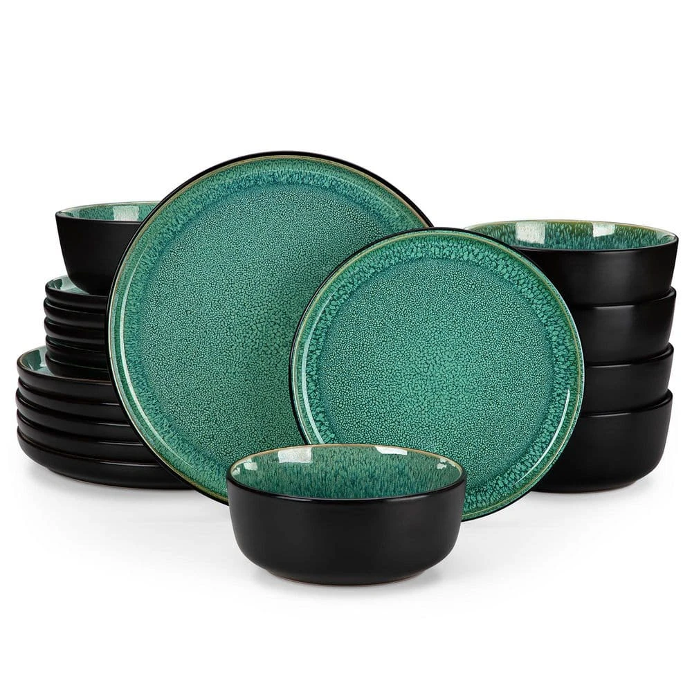 18-Piece Green And Black Stoneware Dinnerware Set Service For 6 Tableware Dinner Plates Dessert Plates Cereal Bowls 3 18-Piece Green And Black Stoneware Dinnerware Set Service For 6 Tableware Dinner Plates Dessert Plates Cereal Bowls