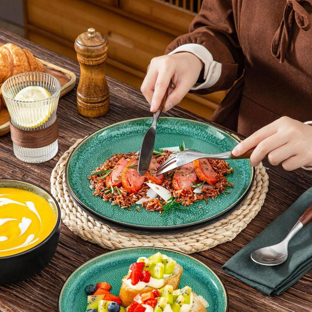 18-Piece Green And Black Stoneware Dinnerware Set Service For 6 Tableware Dinner Plates Dessert Plates Cereal Bowls 8 18-Piece Green And Black Stoneware Dinnerware Set Service For 6 Tableware Dinner Plates Dessert Plates Cereal Bowls - Image 6