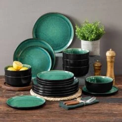 18-Piece Green And Black Stoneware Dinnerware Set Service For 6 Tableware Dinner Plates Dessert Plates Cereal Bowls 29 18-Piece Green And Black Stoneware Dinnerware Set Service For 6 Tableware Dinner Plates Dessert Plates Cereal Bowls -Vancasso Shop green and black vancasso dinnerware sets vc pla g 18 eu 76 1000