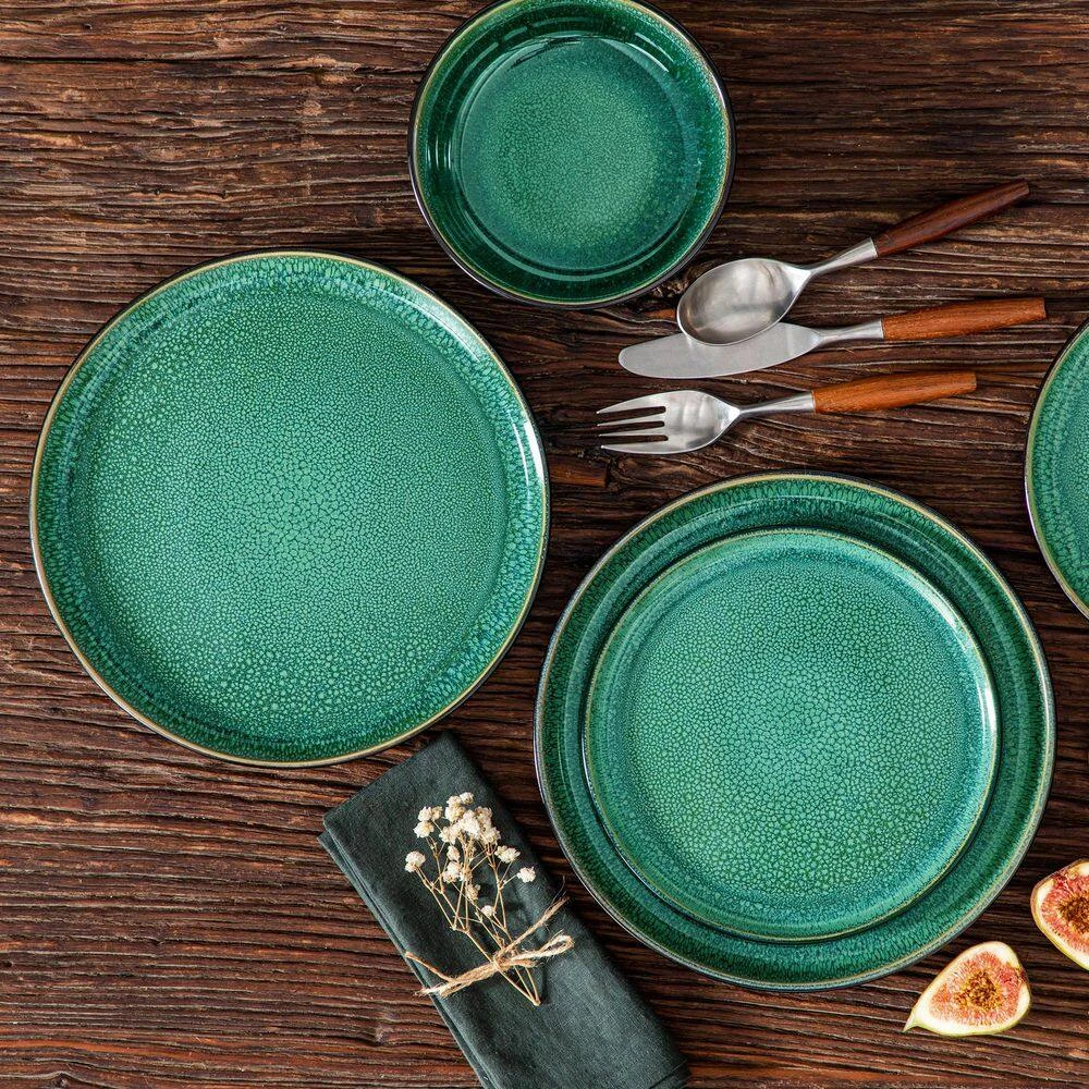 18-Piece Green And Black Stoneware Dinnerware Set Service For 6 Tableware Dinner Plates Dessert Plates Cereal Bowls 6 18-Piece Green And Black Stoneware Dinnerware Set Service For 6 Tableware Dinner Plates Dessert Plates Cereal Bowls - Image 4