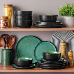 18-Piece Green And Black Stoneware Dinnerware Set Service For 6 Tableware Dinner Plates Dessert Plates Cereal Bowls 30 18-Piece Green And Black Stoneware Dinnerware Set Service For 6 Tableware Dinner Plates Dessert Plates Cereal Bowls -Vancasso Shop green and black vancasso dinnerware sets vc pla g 18 eu d4 1000