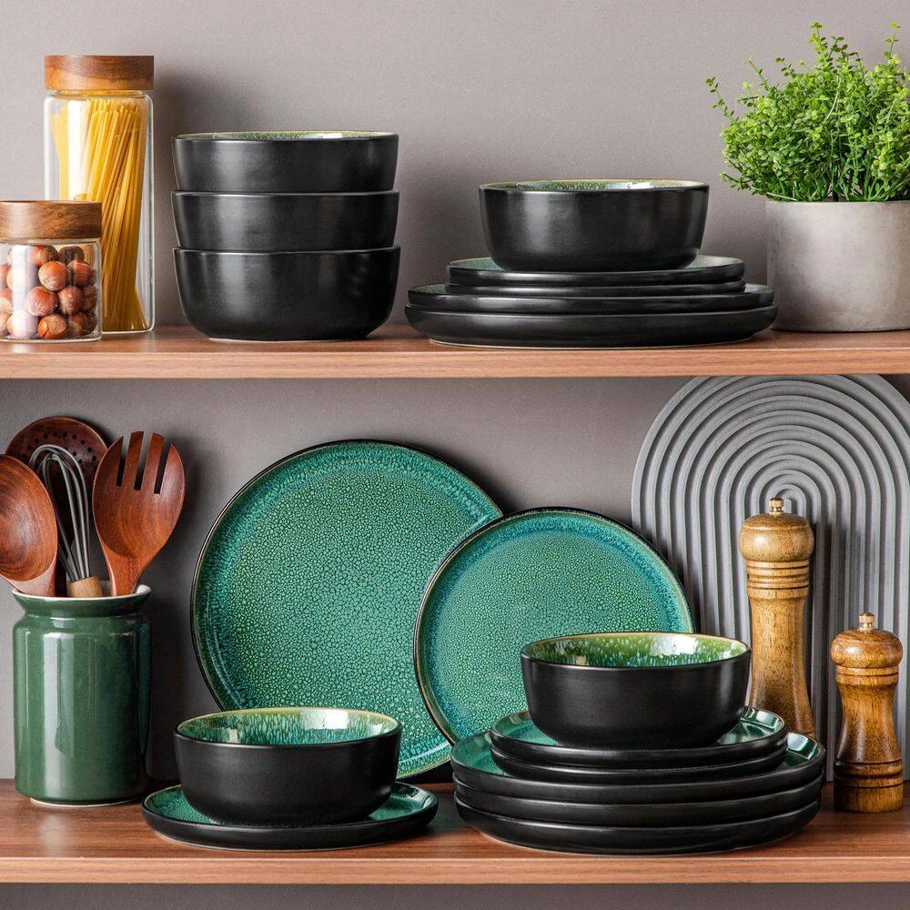 18-Piece Green And Black Stoneware Dinnerware Set Service For 6 Tableware Dinner Plates Dessert Plates Cereal Bowls 16 18-Piece Green And Black Stoneware Dinnerware Set Service For 6 Tableware Dinner Plates Dessert Plates Cereal Bowls - Image 14