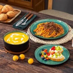 18-Piece Green And Black Stoneware Dinnerware Set Service For 6 Tableware Dinner Plates Dessert Plates Cereal Bowls 28 18-Piece Green And Black Stoneware Dinnerware Set Service For 6 Tableware Dinner Plates Dessert Plates Cereal Bowls -Vancasso Shop green and black vancasso dinnerware sets vc pla g 18 eu fa 1000