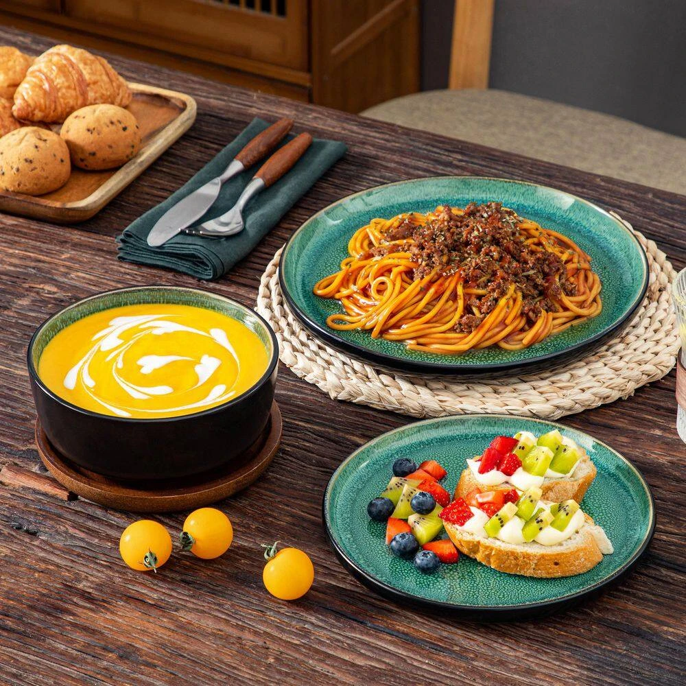 18-Piece Green And Black Stoneware Dinnerware Set Service For 6 Tableware Dinner Plates Dessert Plates Cereal Bowls 14 18-Piece Green And Black Stoneware Dinnerware Set Service For 6 Tableware Dinner Plates Dessert Plates Cereal Bowls - Image 12