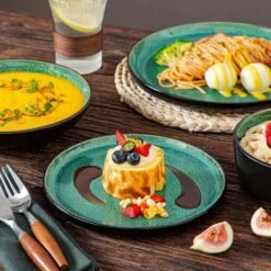 24-Piece Green And Black Stoneware Dinnerware Set Service For 6 Tableware Set Plates And Bowls Dinner Set -Vancasso Shop green and black vancasso dinnerware sets vc pla g 24 eu 1d 1000