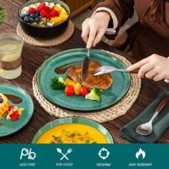 24-Piece Green And Black Stoneware Dinnerware Set Service For 6 Tableware Set Plates And Bowls Dinner Set -Vancasso Shop green and black vancasso dinnerware sets vc pla g 24 eu 1f 1000