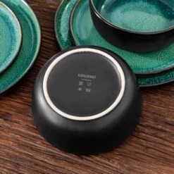 24-Piece Green And Black Stoneware Dinnerware Set Service For 6 Tableware Set Plates And Bowls Dinner Set -Vancasso Shop green and black vancasso dinnerware sets vc pla g 24 eu 40 1000