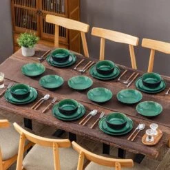 24-Piece Green And Black Stoneware Dinnerware Set Service For 6 Tableware Set Plates And Bowls Dinner Set -Vancasso Shop green and black vancasso dinnerware sets vc pla g 24 eu 44 1000