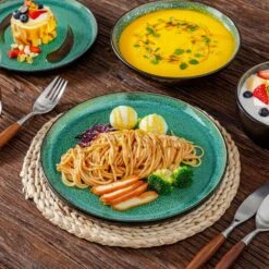 24-Piece Green And Black Stoneware Dinnerware Set Service For 6 Tableware Set Plates And Bowls Dinner Set -Vancasso Shop green and black vancasso dinnerware sets vc pla g 24 eu 66 1000