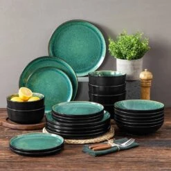 24-Piece Green And Black Stoneware Dinnerware Set Service For 6 Tableware Set Plates And Bowls Dinner Set -Vancasso Shop green and black vancasso dinnerware sets vc pla g 24 eu 76 1000