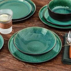 24-Piece Green And Black Stoneware Dinnerware Set Service For 6 Tableware Set Plates And Bowls Dinner Set -Vancasso Shop green and black vancasso dinnerware sets vc pla g 24 eu 77 1000