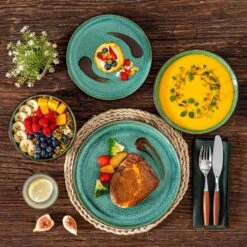 24-Piece Green And Black Stoneware Dinnerware Set Service For 6 Tableware Set Plates And Bowls Dinner Set -Vancasso Shop green and black vancasso dinnerware sets vc pla g 24 eu a0 1000