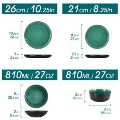 24-Piece Green And Black Stoneware Dinnerware Set Service For 6 Tableware Set Plates And Bowls Dinner Set -Vancasso Shop green and black vancasso dinnerware sets vc pla g 24 eu c3 1000