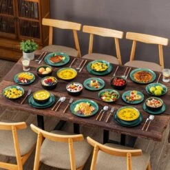 24-Piece Green And Black Stoneware Dinnerware Set Service For 6 Tableware Set Plates And Bowls Dinner Set -Vancasso Shop green and black vancasso dinnerware sets vc pla g 24 eu fa 1000