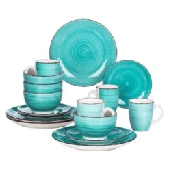 Series Bella Dinnerware 16-Pieces Green Porcelain In Vintage Look With Dinner Dessert Plate Bowl Mug (Service Set For 4) -Vancasso Shop green vancasso dinnerware sets vc bella g sl 4f 1000