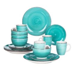 Series Bella Dinnerware 16-Pieces Green Porcelain In Vintage Look With Dinner Dessert Plate Bowl Mug (Service Set For 4)