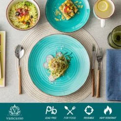 Series Bella Dinnerware 16-Pieces Green Porcelain In Vintage Look With Dinner Dessert Plate Bowl Mug (Service Set For 4) -Vancasso Shop green vancasso dinnerware sets vc bella g sl c3 1000