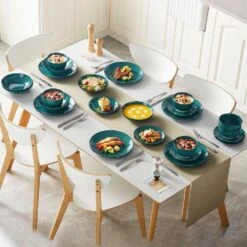 24-Piece Green Stoneware Dinnerware Set (Service For 6) Bowls And Plates Set Tableware -Vancasso Shop green vancasso dinnerware sets vc bonbon g 24 1f 1000