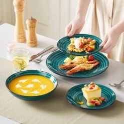 24-Piece Green Stoneware Dinnerware Set (Service For 6) Bowls And Plates Set Tableware -Vancasso Shop green vancasso dinnerware sets vc bonbon g 24 31 1000