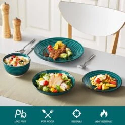 24-Piece Green Stoneware Dinnerware Set (Service For 6) Bowls And Plates Set Tableware -Vancasso Shop green vancasso dinnerware sets vc bonbon g 24 44 1000