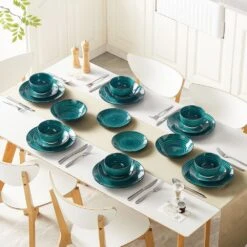 24-Piece Green Stoneware Dinnerware Set (Service For 6) Bowls And Plates Set Tableware -Vancasso Shop green vancasso dinnerware sets vc bonbon g 24 4f 1000
