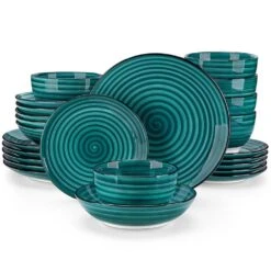 24-Piece Green Stoneware Dinnerware Set (Service For 6) Bowls And Plates Set Tableware