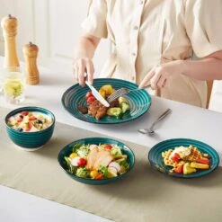 24-Piece Green Stoneware Dinnerware Set (Service For 6) Bowls And Plates Set Tableware -Vancasso Shop green vancasso dinnerware sets vc bonbon g 24 76 1000