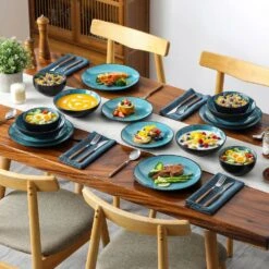 16-Piece Green Stoneware Dinnerware Set (Service Set For 4) Bowls And Plates Dinner Set 24 16-Piece Green Stoneware Dinnerware Set (Service Set For 4) Bowls And Plates Dinner Set -Vancasso Shop green vancasso dinnerware sets vc bubble g 16t 1f 1000