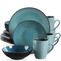 16-Piece Green Stoneware Dinnerware Set Service For 4 Tableware Set With Plates Bowls And Mugs