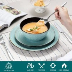 16-Piece Green Stoneware Dinnerware Set Service For 4 Embossed Pattern Tableware Bowls Plates And Mugs Dining Set -Vancasso Shop green vancasso dinnerware sets vc pluvo g sl 1f 1000