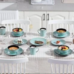 16-Piece Green Stoneware Dinnerware Set Service For 4 Embossed Pattern Tableware Bowls Plates And Mugs Dining Set -Vancasso Shop green vancasso dinnerware sets vc pluvo g sl 44 1000