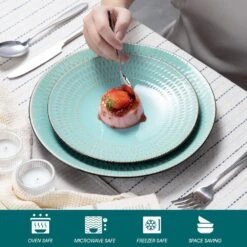 16-Piece Green Stoneware Dinnerware Set Service For 4 Embossed Pattern Tableware Bowls Plates And Mugs Dining Set -Vancasso Shop green vancasso dinnerware sets vc pluvo g sl 4f 1000