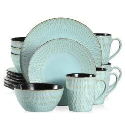 16-Piece Green Stoneware Dinnerware Set Service For 4 Embossed Pattern Tableware Bowls Plates And Mugs Dining Set