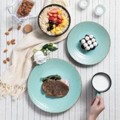 16-Piece Green Stoneware Dinnerware Set Service For 4 Embossed Pattern Tableware Bowls Plates And Mugs Dining Set -Vancasso Shop green vancasso dinnerware sets vc pluvo g sl 76 1000