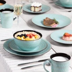 16-Piece Green Stoneware Dinnerware Set Service For 4 Embossed Pattern Tableware Bowls Plates And Mugs Dining Set -Vancasso Shop green vancasso dinnerware sets vc pluvo g sl fa 1000