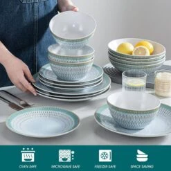16-Piece Grey Blue Stoneware Dinnerware Set (Service For 4) Dining Set Tableware With Bowls And Plates Set -Vancasso Shop grey blue vancasso dinnerware sets vc pluvo gp sl 1f 1000