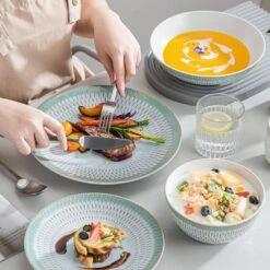 16-Piece Grey Blue Stoneware Dinnerware Set (Service For 4) Dining Set Tableware With Bowls And Plates Set -Vancasso Shop grey blue vancasso dinnerware sets vc pluvo gp sl 31 1000