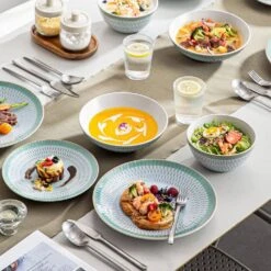 16-Piece Grey Blue Stoneware Dinnerware Set (Service For 4) Dining Set Tableware With Bowls And Plates Set -Vancasso Shop grey blue vancasso dinnerware sets vc pluvo gp sl 44 1000