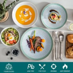 16-Piece Grey Blue Stoneware Dinnerware Set (Service For 4) Dining Set Tableware With Bowls And Plates Set -Vancasso Shop grey blue vancasso dinnerware sets vc pluvo gp sl 4f 1000