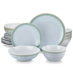 16-Piece Grey Blue Stoneware Dinnerware Set (Service For 4) Dining Set Tableware With Bowls And Plates Set
